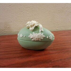 Egg Trinket Box Porcelain Bisque Pastel Green White Roses Ribbon Vintage